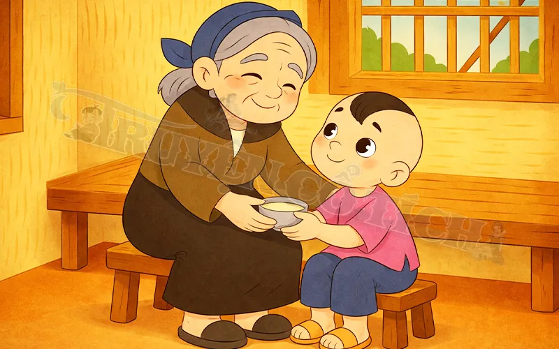 Child receiving food from elder